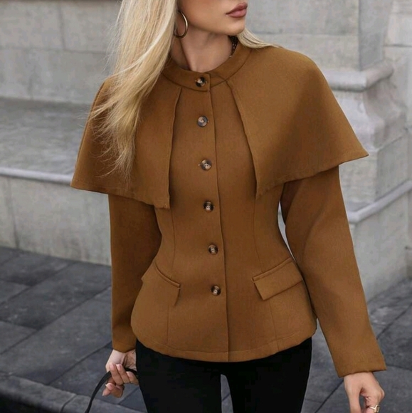 Jackets & Blazers - Elegant Waisted Cape Style Solid Color Button Front Regular Jacket